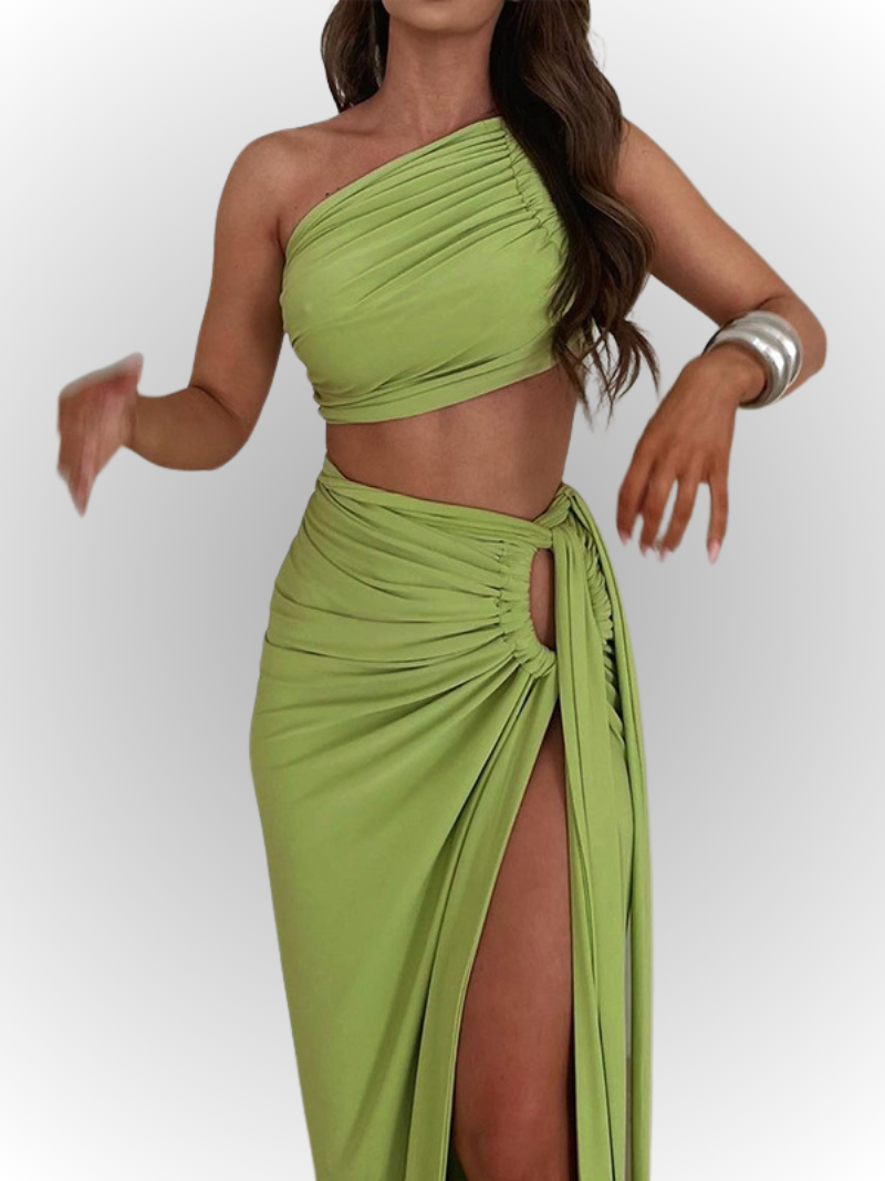 Stylish One Shoulder Backless Crop Top and Long Split Skirt