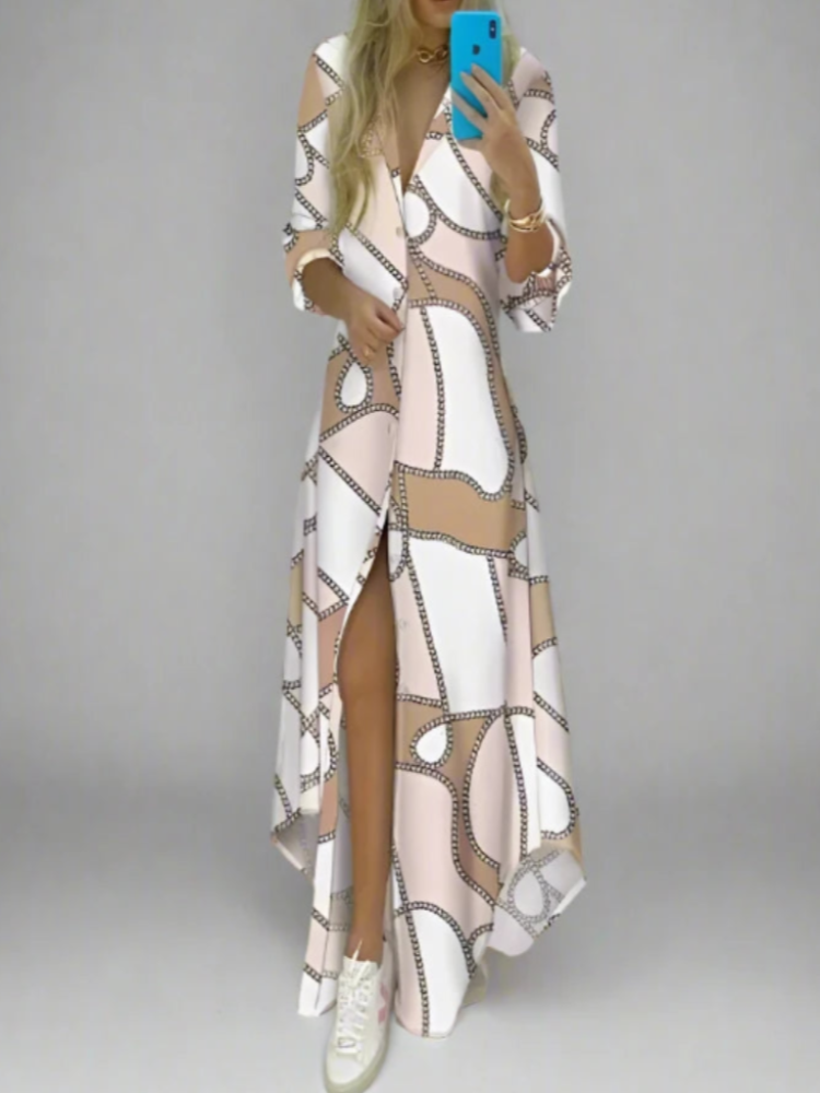 Women Boho Printed Long Shirts Dress Summer Turn-down Collar