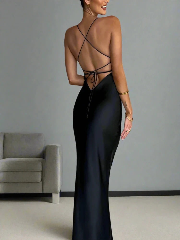 Stylish Satin Backless Lace Up Mermaid Slip Dress