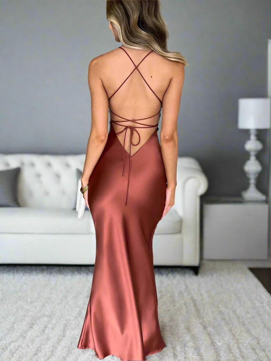 Stylish Satin Backless Lace Up Mermaid Slip Dress