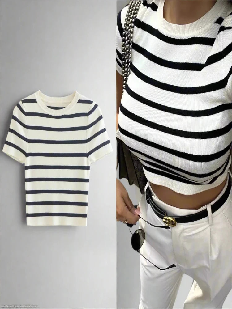 Women's Basic Cropped Striped Knitted Top
