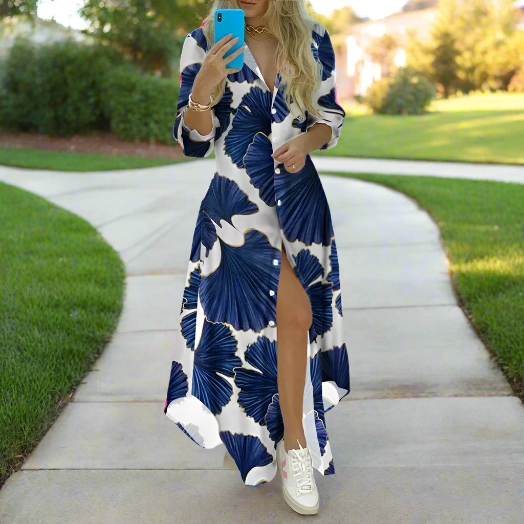Women Boho Printed Long Shirts Dress Summer Turn-down Collar
