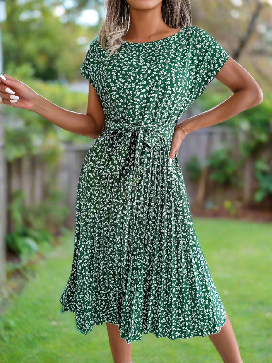 Women's Short Sleeve High Waist Floral Pleated Dress