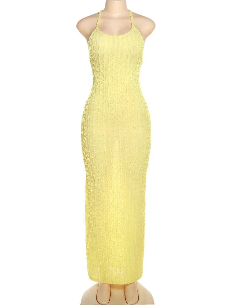 Women's Medium Spaghetti Strap Tie-down Backless Sleeveless O Neck Dress