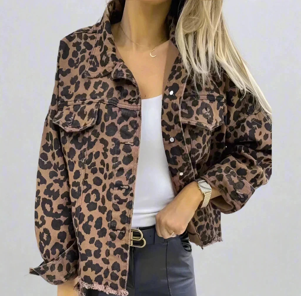 Stylish Women's Leopard Print Denim Jacket