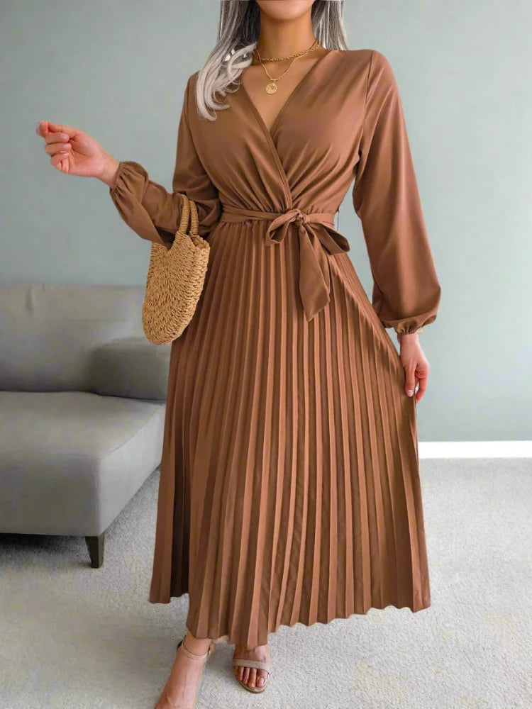 Stylish Elegant V Neck Long Sleeve Pleated Dress