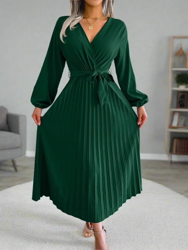 Stylish Elegant V Neck Long Sleeve Pleated Dress