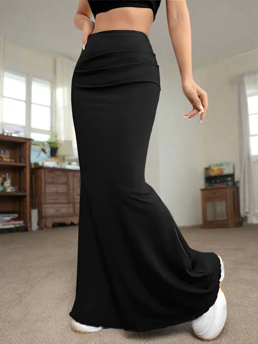 Solid Bodycon Ruched Long Women Elastic High Waist Mermaid Skirts