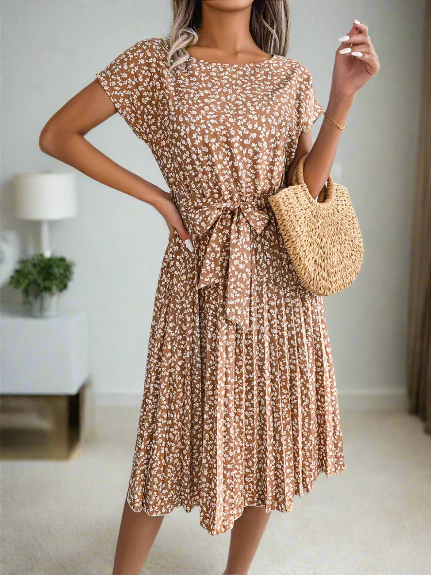 Women's Short Sleeve High Waist Floral Pleated Dress