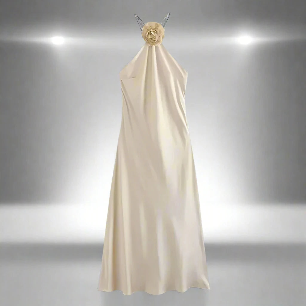 Stylish Flower Off Shoulder Satin Halter Long Dress