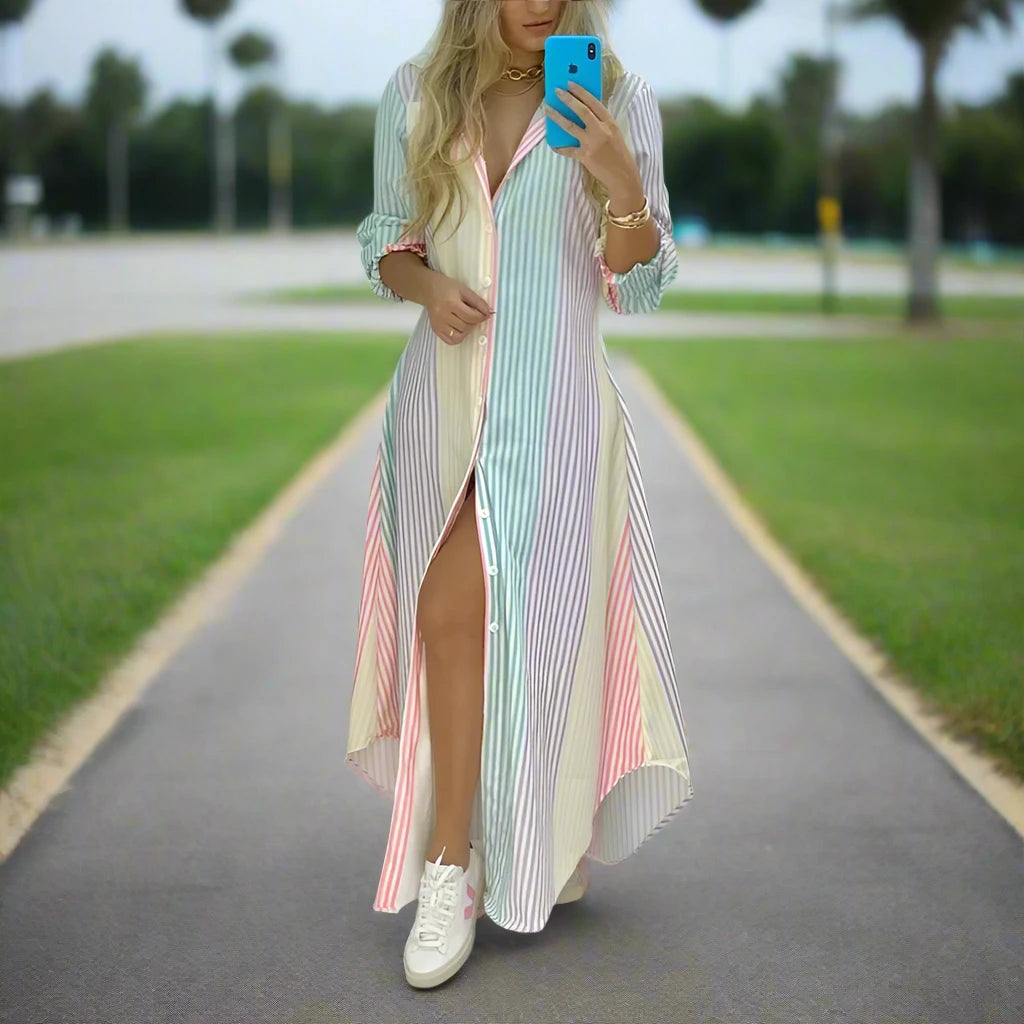 Women Boho Printed Long Shirts Dress Summer Turn-down Collar
