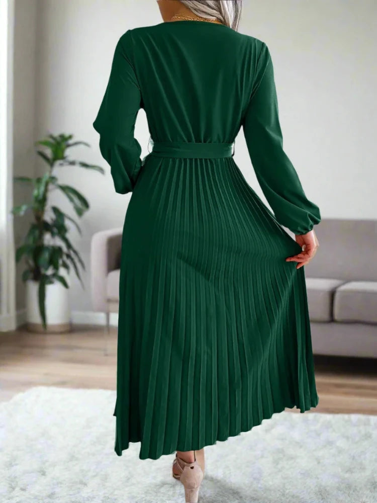 Stylish Elegant V Neck Long Sleeve Pleated Dress