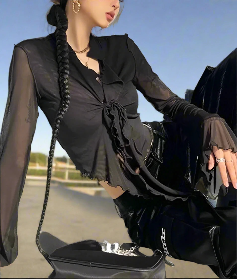 Women's Long Flare Lace-up Mesh Sleeve Blouses