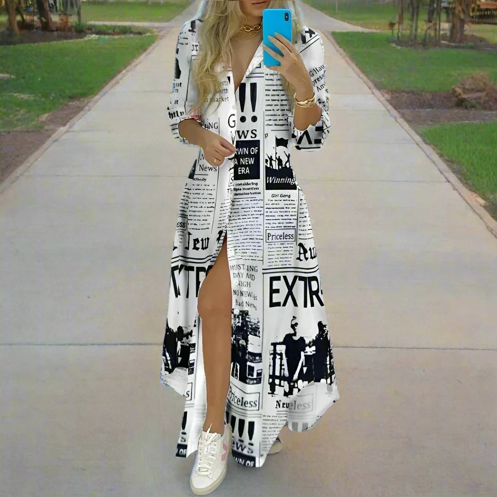 Women Boho Printed Long Shirts Dress Summer Turn-down Collar