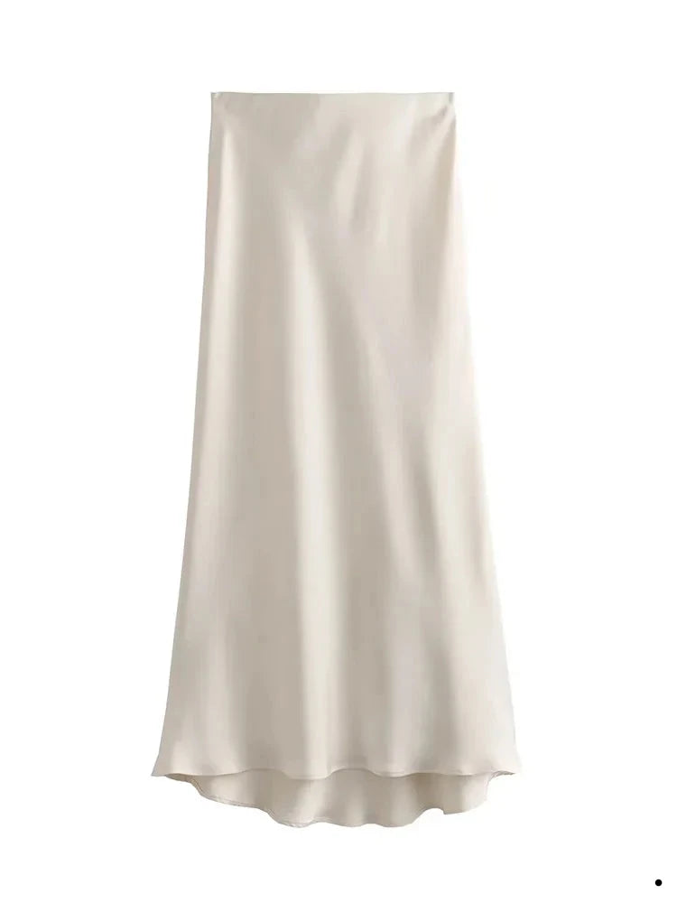 Women's Vintage Fashion Satin Solid Pleated Midi Skirt