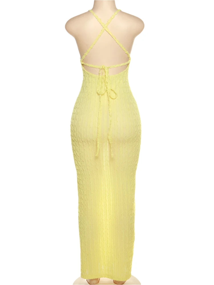 Women's Medium Spaghetti Strap Tie-down Backless Sleeveless O Neck Dress