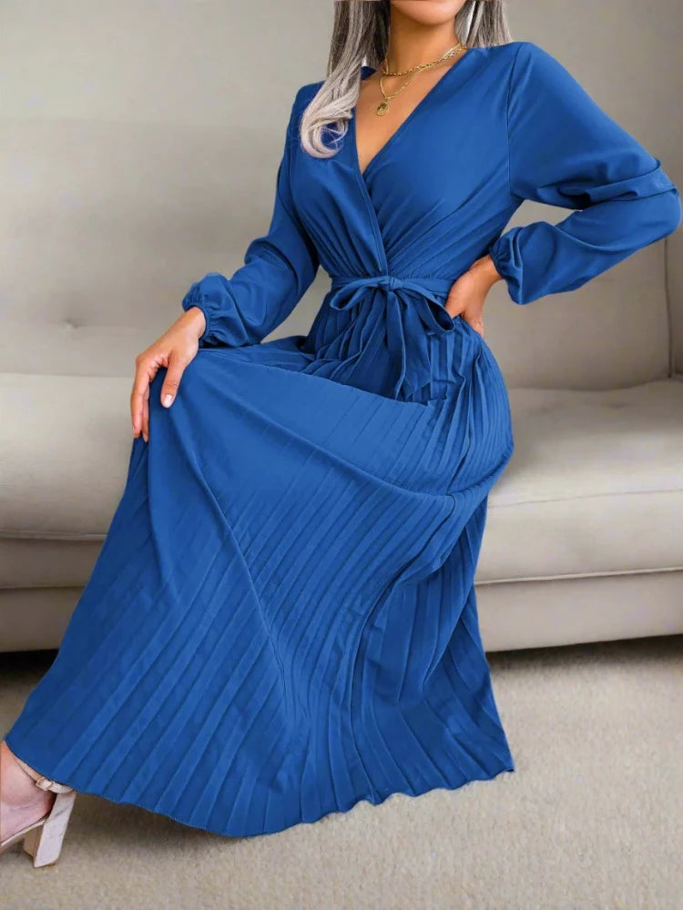 Stylish Elegant V Neck Long Sleeve Pleated Dress