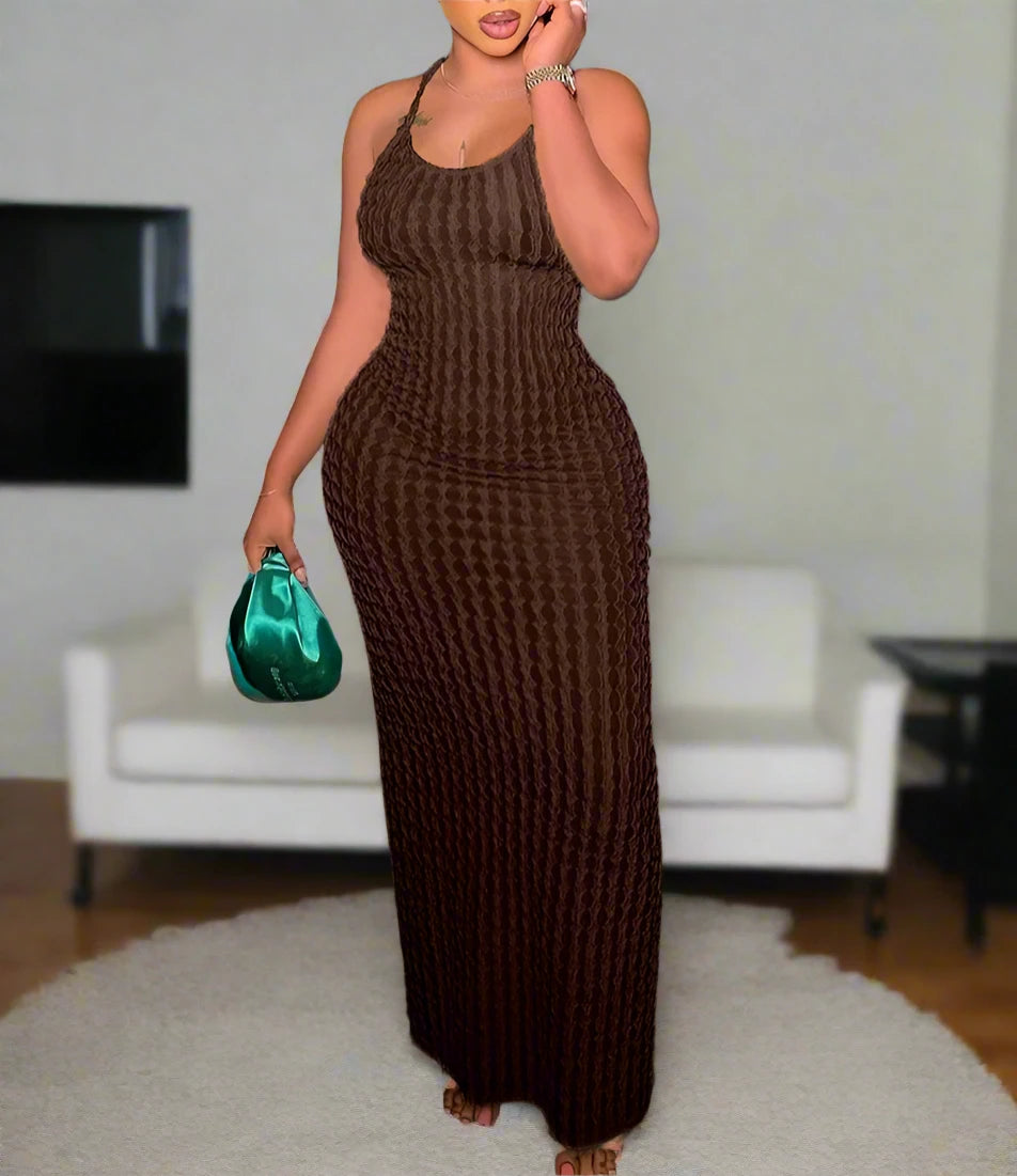 Women's Medium Spaghetti Strap Tie-down Backless Sleeveless O Neck Dress