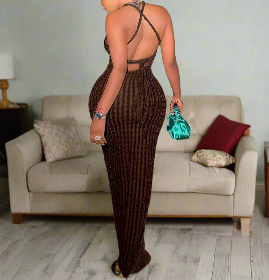 Women's Medium Spaghetti Strap Tie-down Backless Sleeveless O Neck Dress