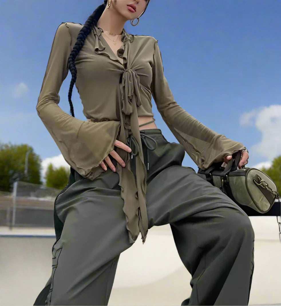 Women's Long Flare Lace-up Mesh Sleeve Blouses