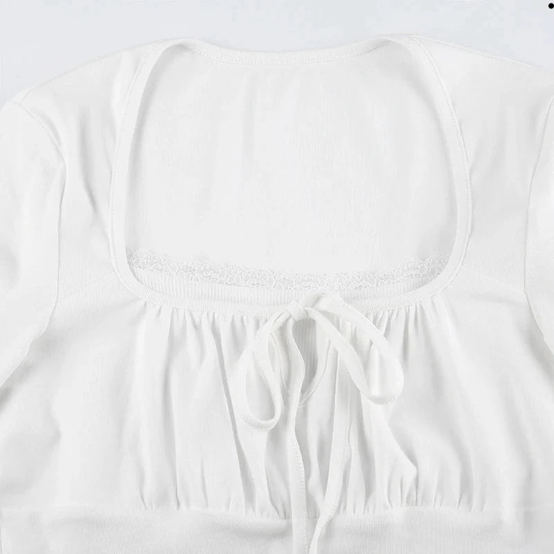Women's Tie Lace Long Sleeve White T-Shirt
