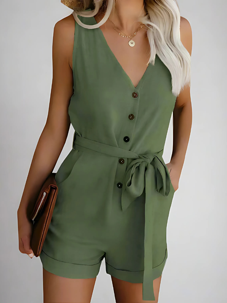 Women's Casual V-neck Monochromatic Five-Point Shorts Jumpsuits