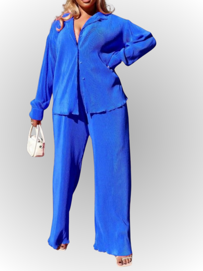 Long Sleeve Elegant Button Up Shirt and Wide Leg Pants Set
