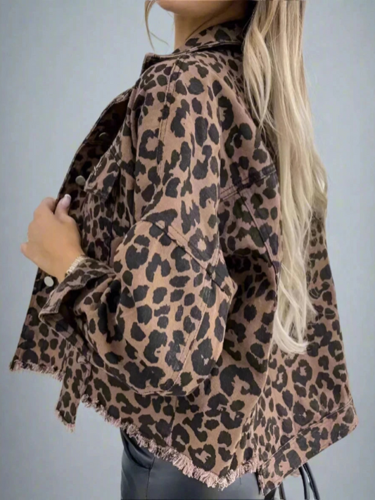 Stylish Women's Leopard Print Denim Jacket