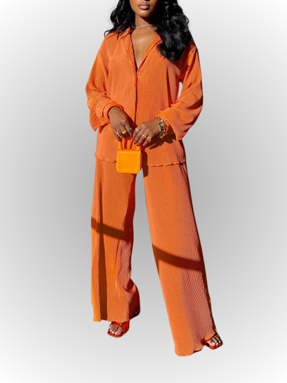 Long Sleeve Elegant Button Up Shirt and Wide Leg Pants Set