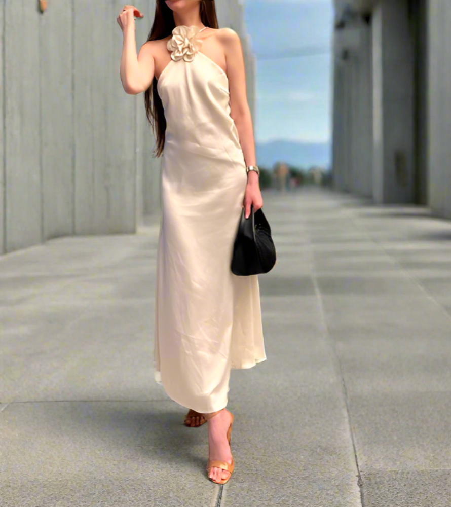 Stylish Flower Off Shoulder Satin Halter Long  Dress