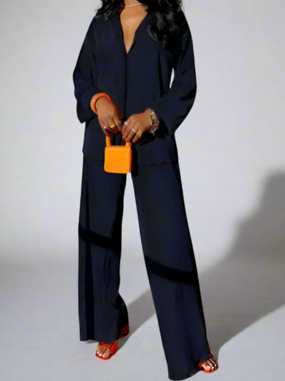 Long Sleeve Elegant Button Up Shirt and Wide Leg Pants Set
