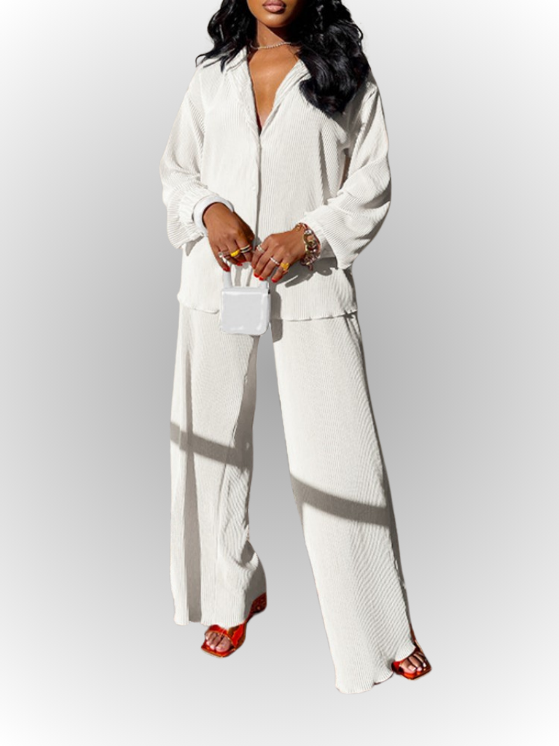 Long Sleeve Elegant Button Up Shirt and Wide Leg Pants Set
