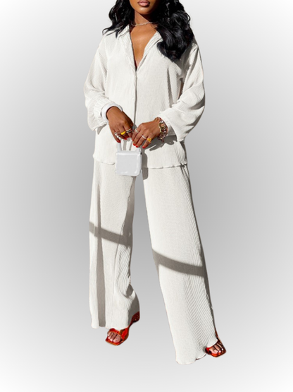 Long Sleeve Elegant Button Up Shirt and Wide Leg Pants Set