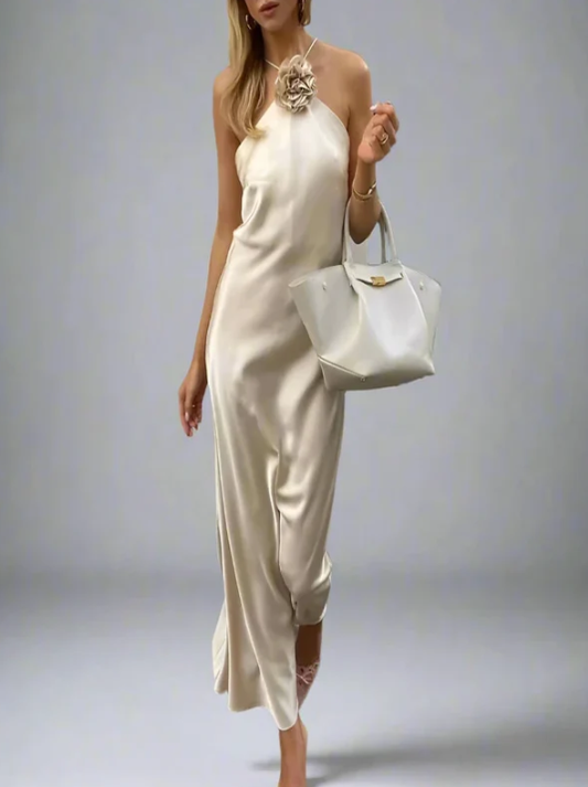 Stylish Flower Off Shoulder Satin Halter Long  Dress