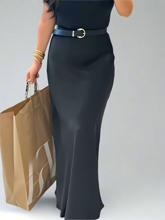 Women's Vintage Fashion Satin Solid Pleated Midi Skirt