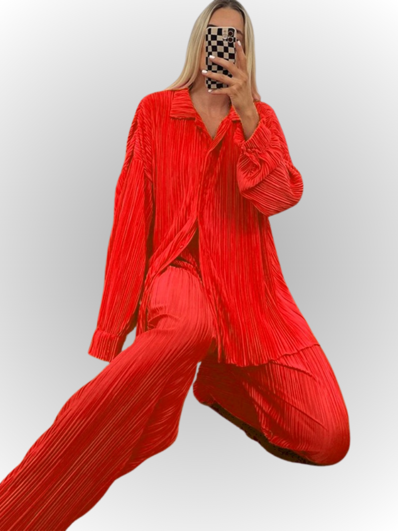 Long Sleeve Elegant Button Up Shirt and Wide Leg Pants Set
