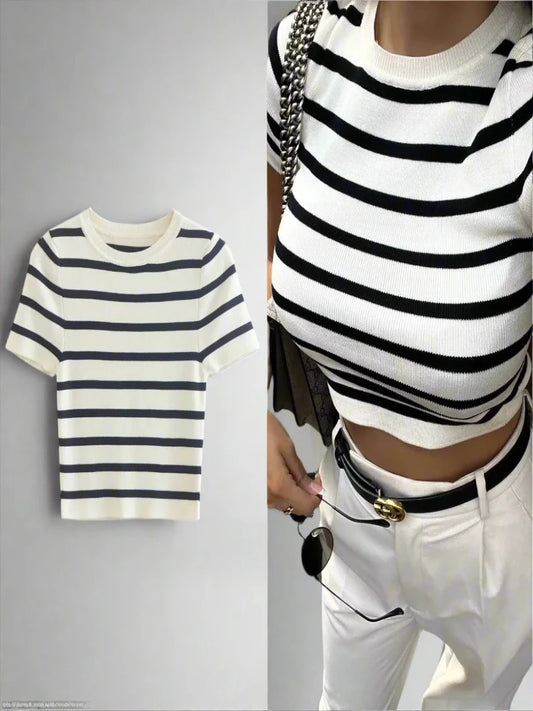 Women's Basic Cropped Striped Knitted Top