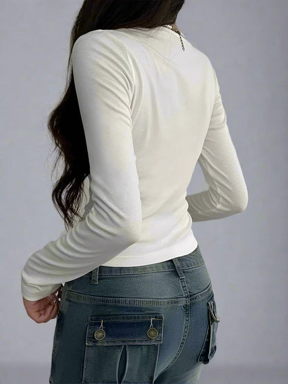 Women's Tie Lace Long Sleeve White T-Shirt