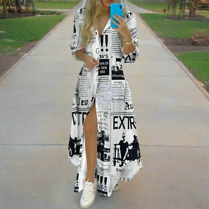 Women Boho Printed Long Shirts Dress Summer Turn-down Collar