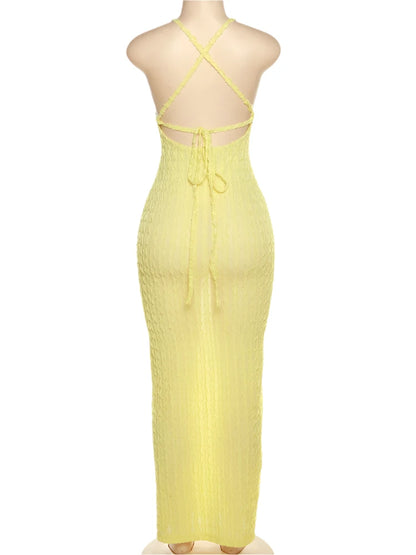Women's Medium Spaghetti Strap Tie-down Backless Sleeveless O Neck Dress