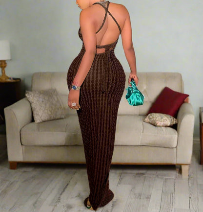 Women's Medium Spaghetti Strap Tie-down Backless Sleeveless O Neck Dress