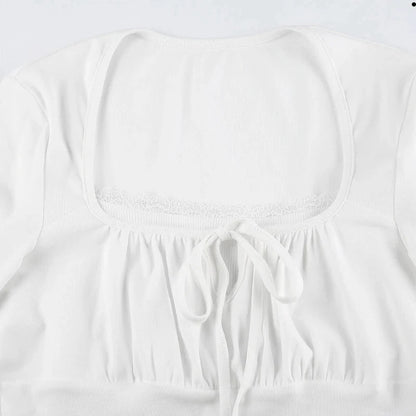 Women's Tie Lace Long Sleeve White T-Shirt